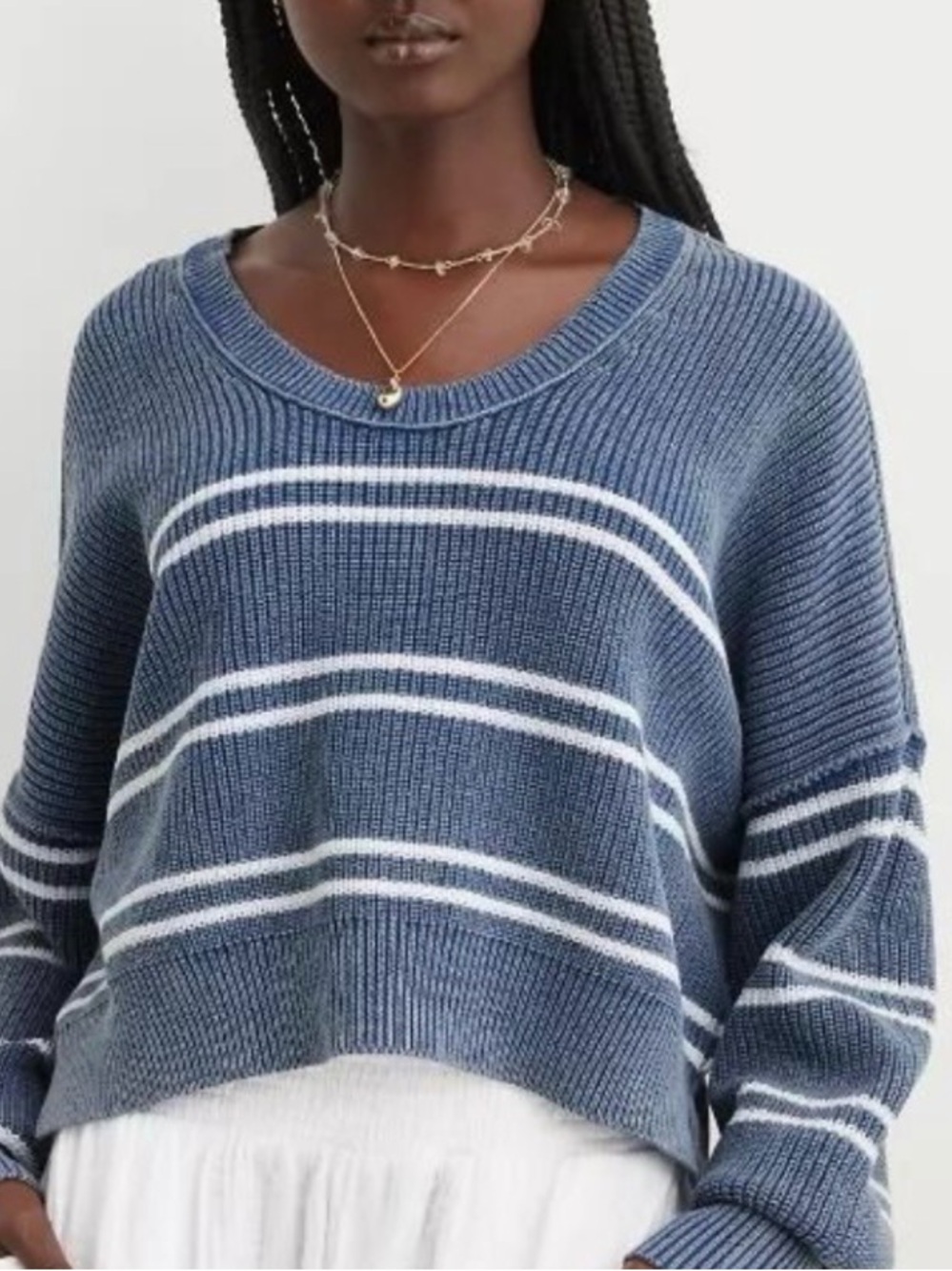 NWT AERIE Blue and White Striped Crewneck Sweater
